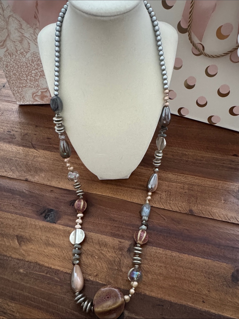 Statement Mixed Bead Long Necklace in Silver tones and Taupe